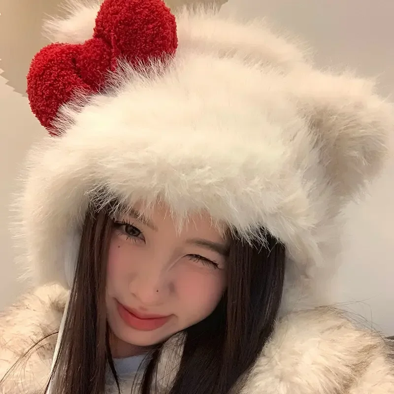 Kawaii Plush Thick Warm Cartoon Hat Sweet Bow Hats Winter Women Anime Bowknot Cute Warm and Ear-Protecting Lei Feng Cap