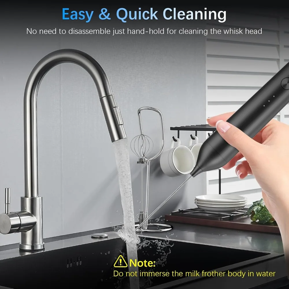 Rechargeable Milk Frother with Stand, Electric Handheld Foam Maker, Detachable Stainless Steel Whisk for Latte, Cappuccino, Hot Chocolate, Black - view 6