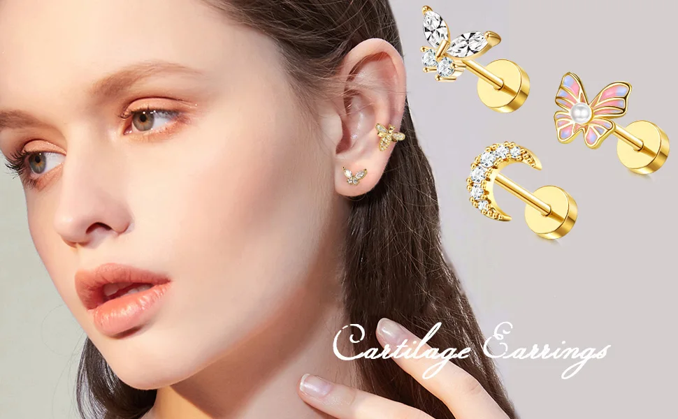 Drperfect 1 Stück Knorpel-Ohrstecker für Frauen, Chirurgenstahl, flache Rückseite, Schmetterling, Blume, Tragus, Helix, Piercing-Schmuck – Detail 1