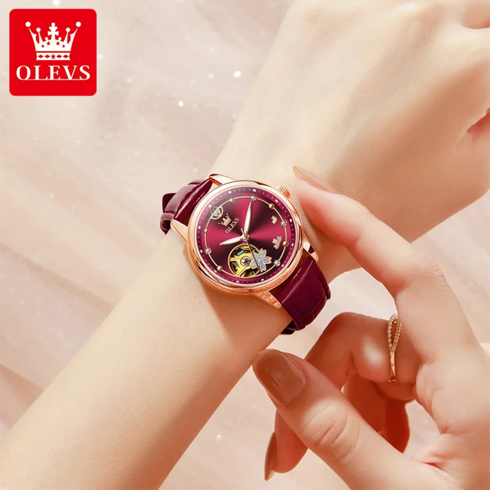 OLEVS الأصلي الهيكل العظمي توربيون ساعة للنساء التلقائي الميكانيكية الفاخرة ساعة اليد مقاوم للماء ساعات أنيقة هدايا النساء