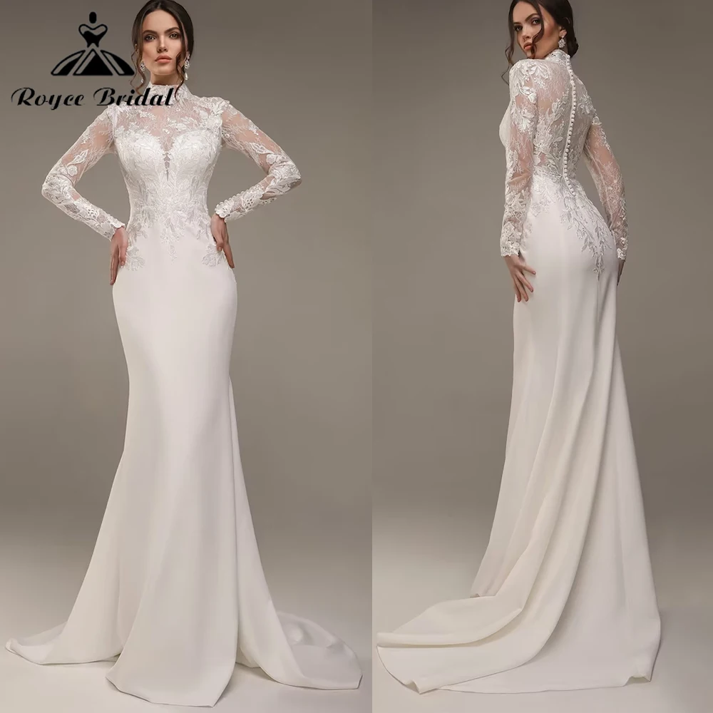 Satin Brautkleid böhmische Meerjungfrau Brautkleid Zug lange Ärmel Spitze luxuriöse Brautkleid roycebridal