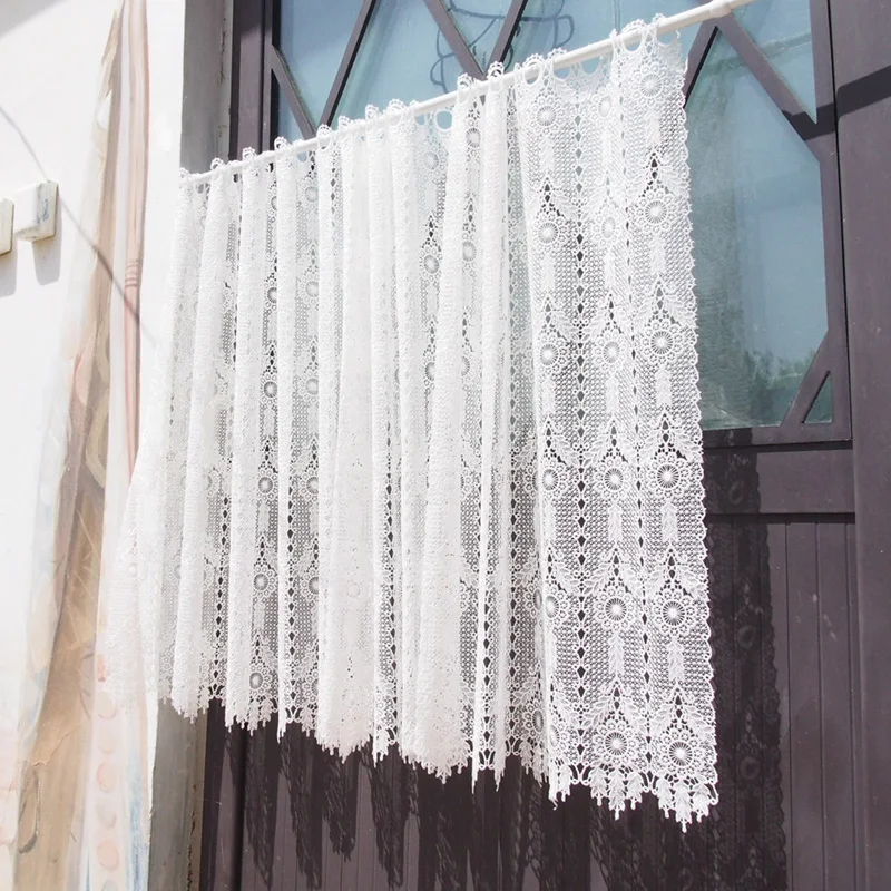 American Geometry Crochet Hollow Short Curtains for Kitchen Partition Manual Rhombus Linen Flowers Lace Half Curtains #A122