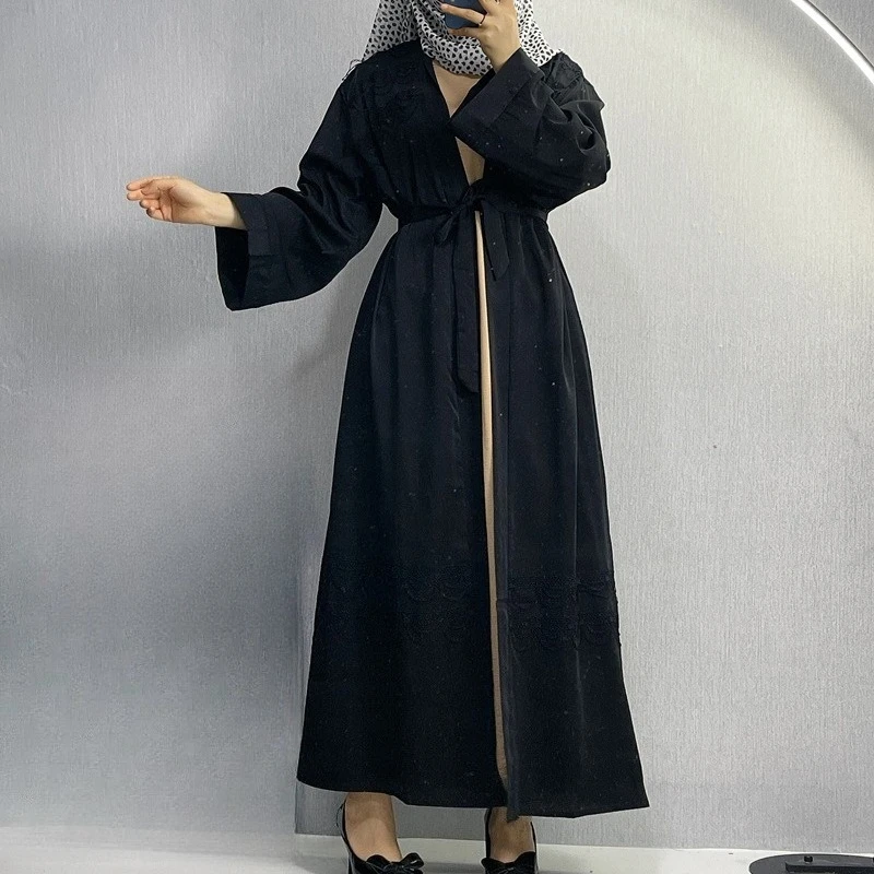 

Elegant Dubai Abaya Dress Long Robe With Embroidery Lace Open Front Ready To Ship Women Muslim Clothing