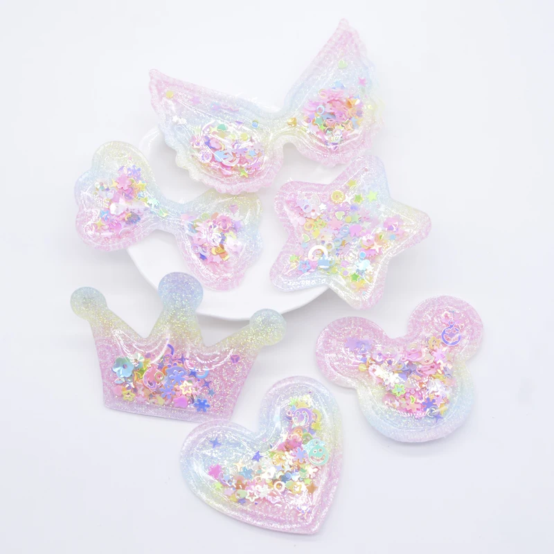 12Pcs Colorful Star Heart Crown Mouse Head Bow Wing Sequins Appliques for DIY Girl Headwear Clips Bow Pendant Decor Accessories