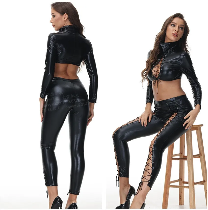 Woman Sexy Open Crotch Leather Leggings Hollow Out Design Outdoor Sex PU Crotchless Pants Zipper Style Club Costume