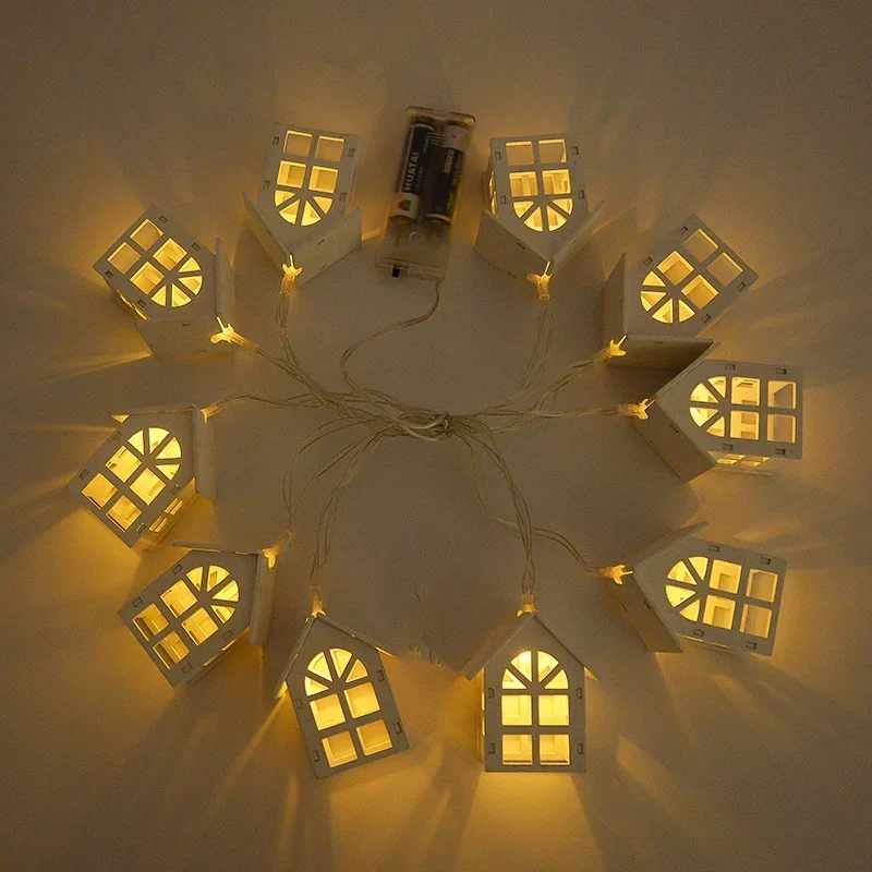 2M 10LED Christmas Wooden House LED Fairy Light String Home Hanging Garland Xmas Tree Ornaments Decoration Lamp 2025 New Year