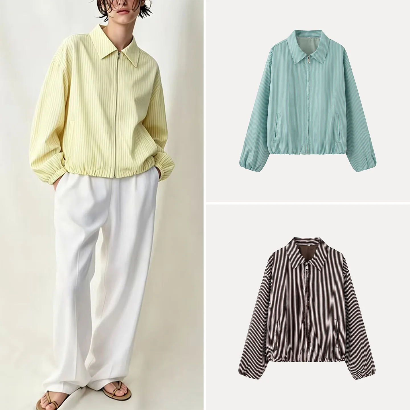 Fashionable Multi-Color Striped Jacket Women's Loose Fit Casual Style Zipper Closure No Hat Autumn 2026 New Arrival