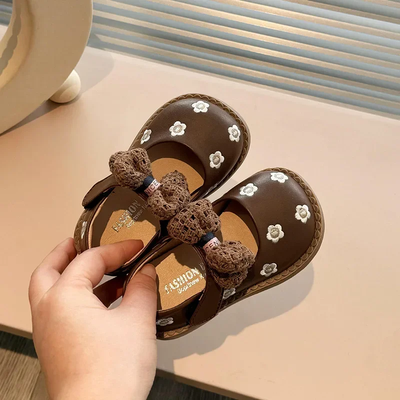 Children's Slip-on Microfiber Leather Shoes For Baby Girls Autumn Spring Kid's Flower Bow Tie Princess Soft Sole Footwear H36-38