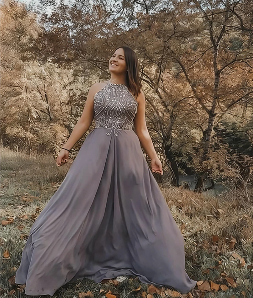 

Customized Luxury Jersey A-Line Crystal Evening Dress High Quality Halter Sleeveless Floor Length فساتين سهرات