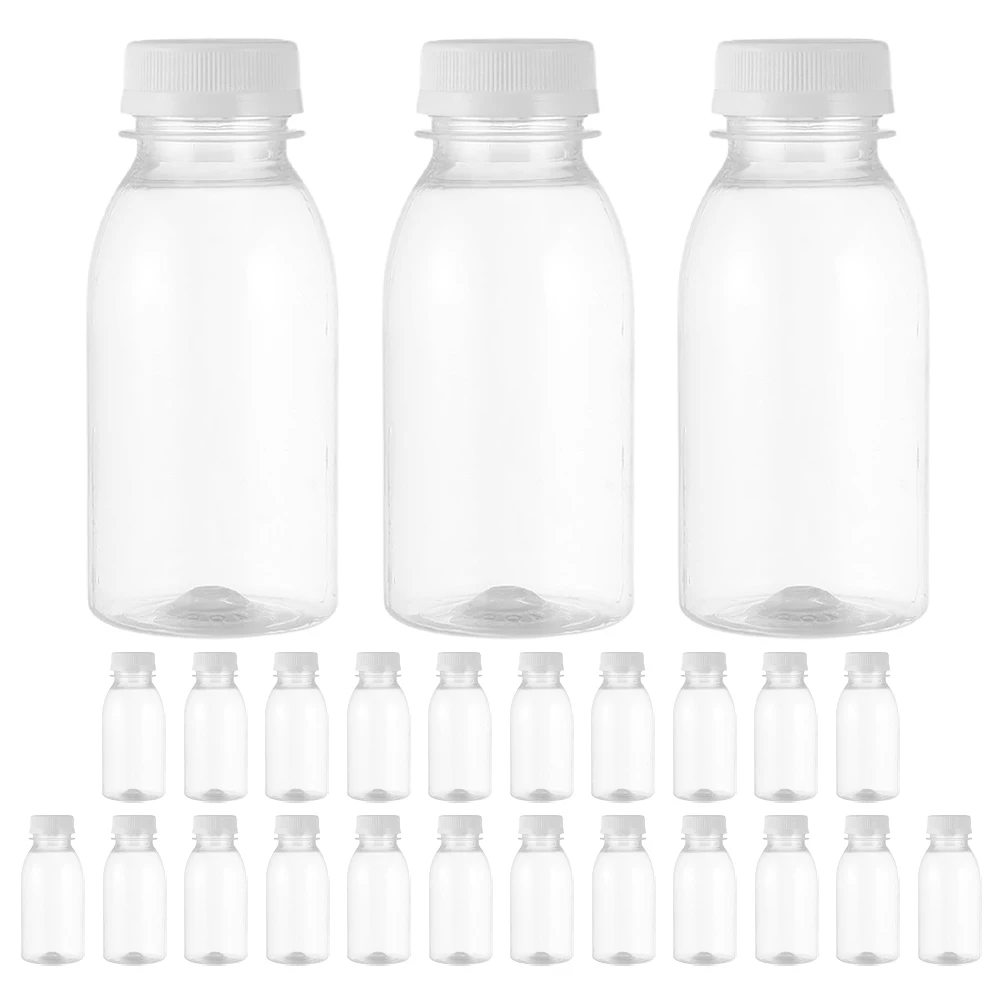 25 قطعة من الزجاجات البلاستيكية المدمجة القابلة لإعادة الاستخدام 100 مللي حاويات شفافة لعصير الحليب والعصائر والنزهات والمشي لمسافات طويلة زجاجات صغيرة للعصير #5