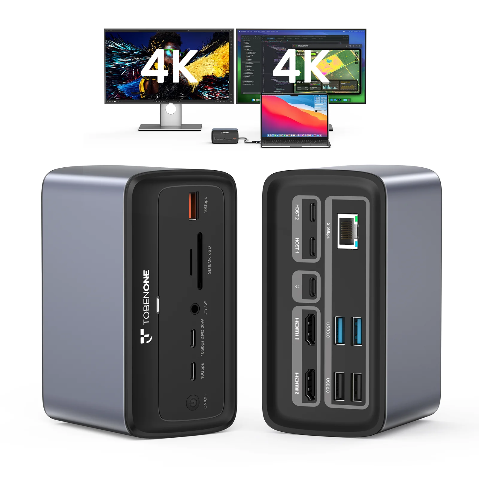 TobenONE MacBook Docking Station Dual 4K@60Hz con 2 puertos HDMI 7 puertos USB Ethernet de 2,5 Gbps Fuente de alimentación GaN de 100 W