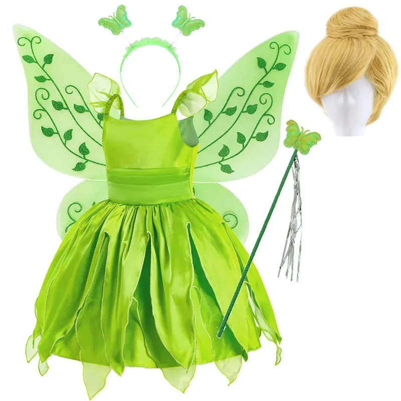 Halloween Tinkerbell Costume For Girls Flower Fairy Cosplay Outfits Kids Carnival Green Princess Gown Children Birthday Gift