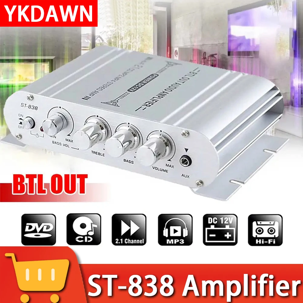 

ST-838 Digital Hi-Fi Power Amplifier Channel 2.1 Subwoofer Stereo Audio Player Car Motorcycle Home Power Amplifier Amp 20W+20W