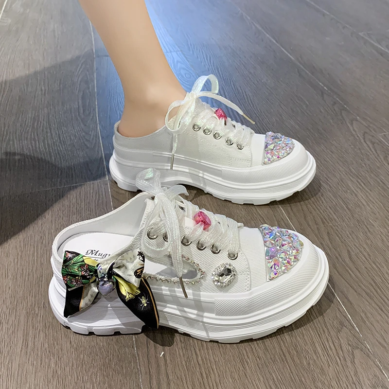 

2023 New Thick-soled Rhinestone Luxury Half Slippers Autumn Ladies Casual Breathable Sneakers Bow Knot Lovely Lolita Women Shoes