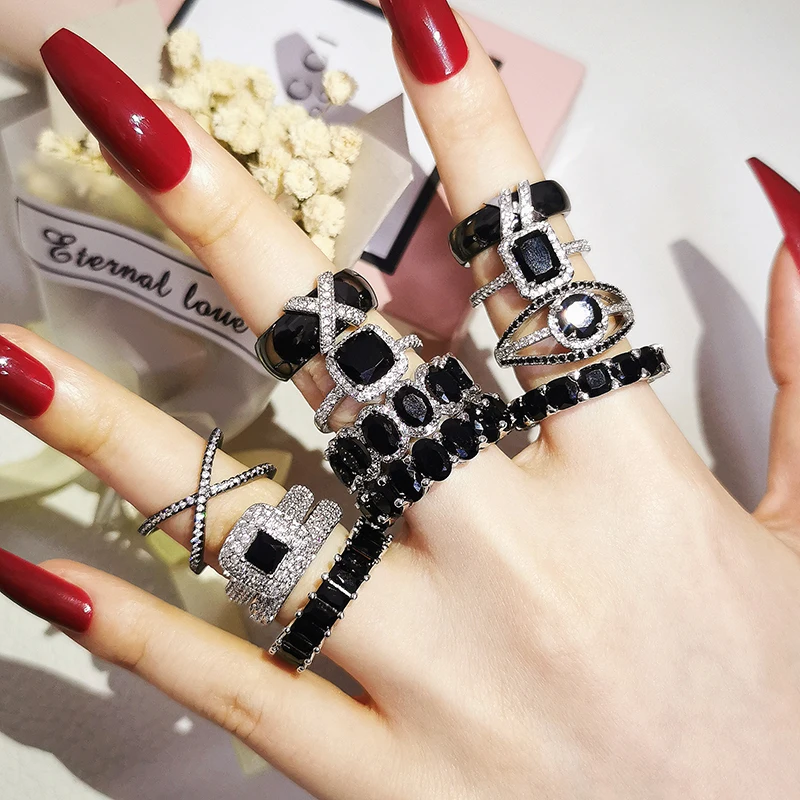 2023 New Luxury Fashion Real silver color bride Black Engagement Wedding Ring Set Band Eternity for Women Men Gift Jewelry Z12