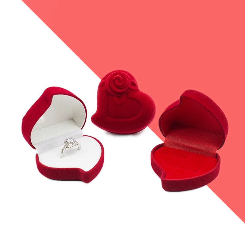 1PCS Engagement Rose Flower Design Ring Box Luxury Heart-Shaped Wedding Ring Box Jewelry Display Storage Box Couple Gifts Box