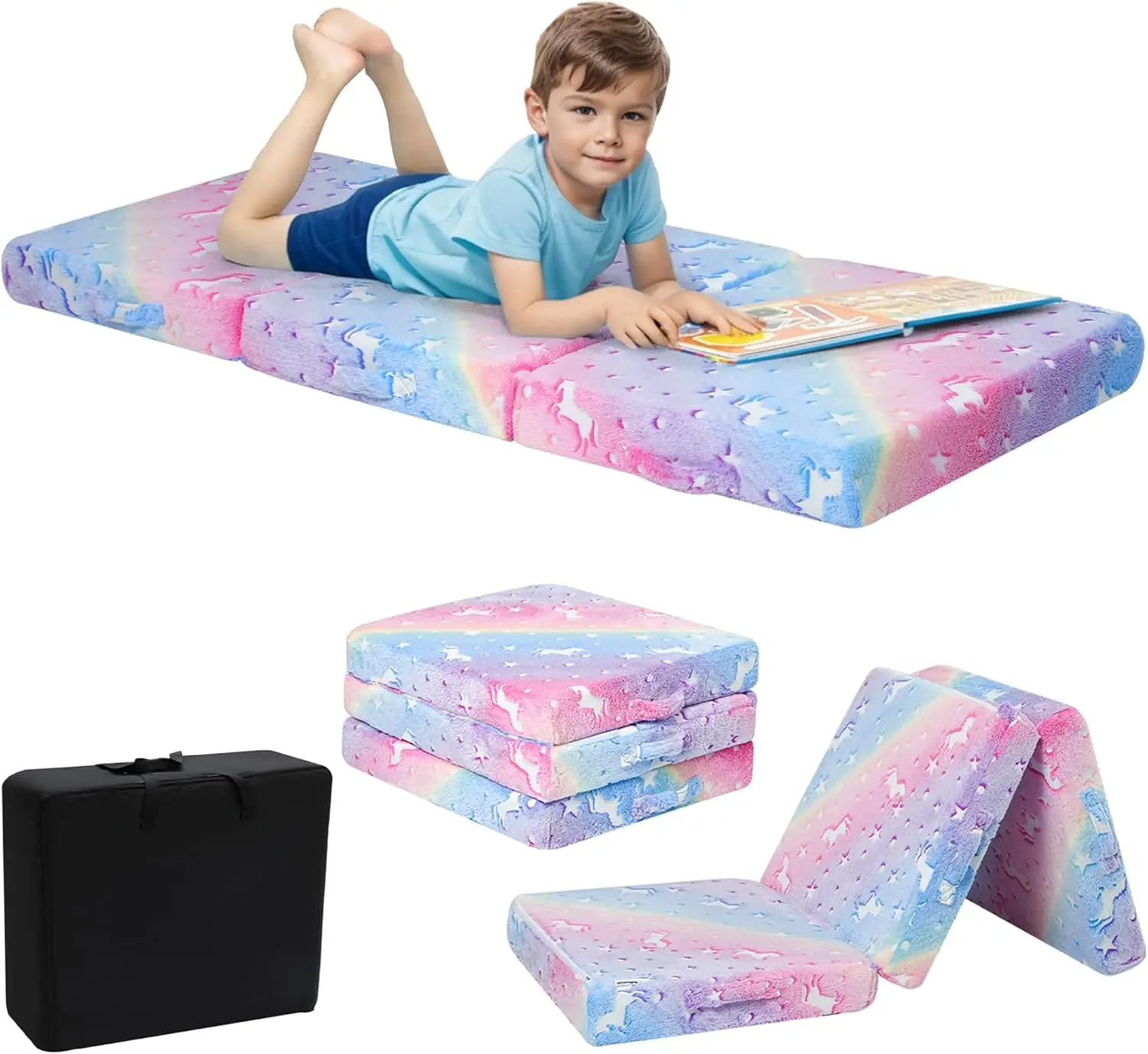 

Glow Rainbow Unicorn Foldable Floor Mattr For Kids, Trifold Nap Mat For Toddlers, Portable Daycare Sleeping Futon Or Floor Bed,