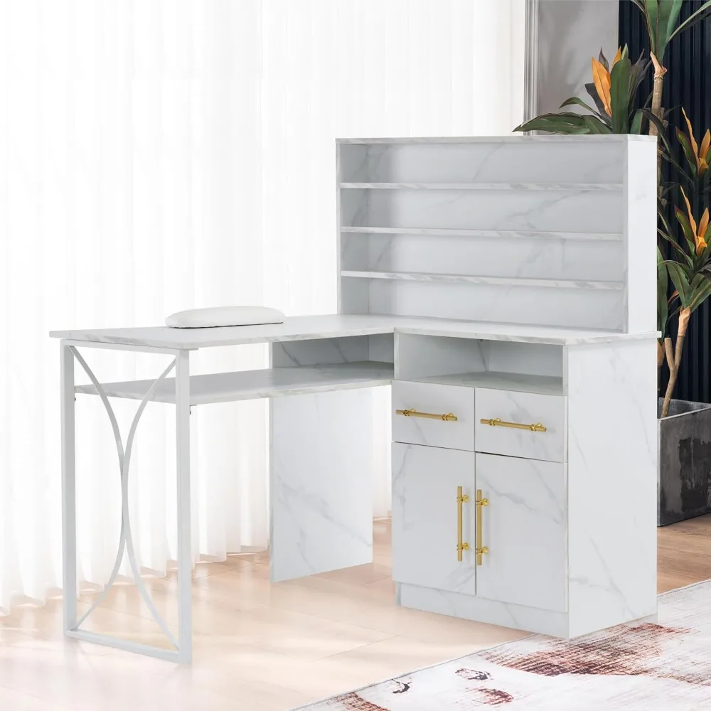 Bureau à ongles en forme de L pour le rangement, table de manucure polyvalente avec tiroirs de proximité, bureau à ongles avec armoires, poste de travail professionnel pour manucure