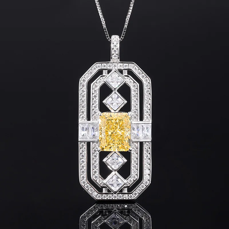 18K Gold Set with PT950 Platinum High Carbon Diamond Radiant Cut Retro Square Pendant Necklace Main Stone 10*12