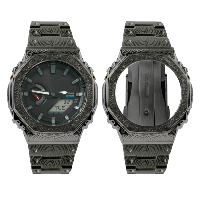 Compatível com GA-2100 GA-2110 Acessórios de relógio modificados com caixa de metal esculpida em carvalho de fazenda.