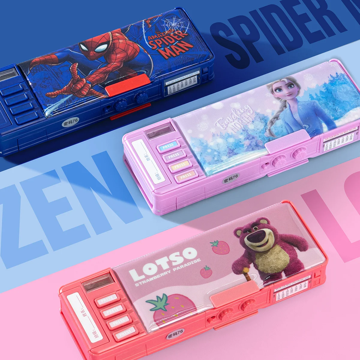 صندوق قرطاسية إبداعي متعدد الوظائف من ديزني سبايدر مان للأولاد والبنات، مقلمة قفل بكلمة مرور للأطفال، لعبة للاستخدام المدرسي
