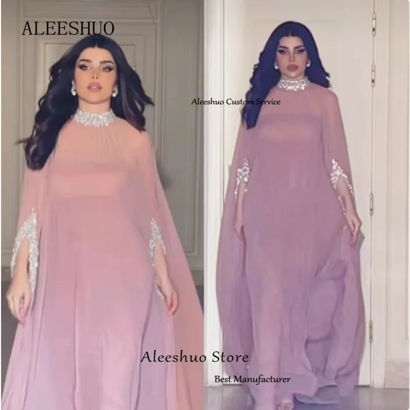 Aleeshuo Junoesque gaun malam A-Line sifon leher tinggi gaun Prom manik-manik gaun pesta Formal lengan panjang vestidos 2024