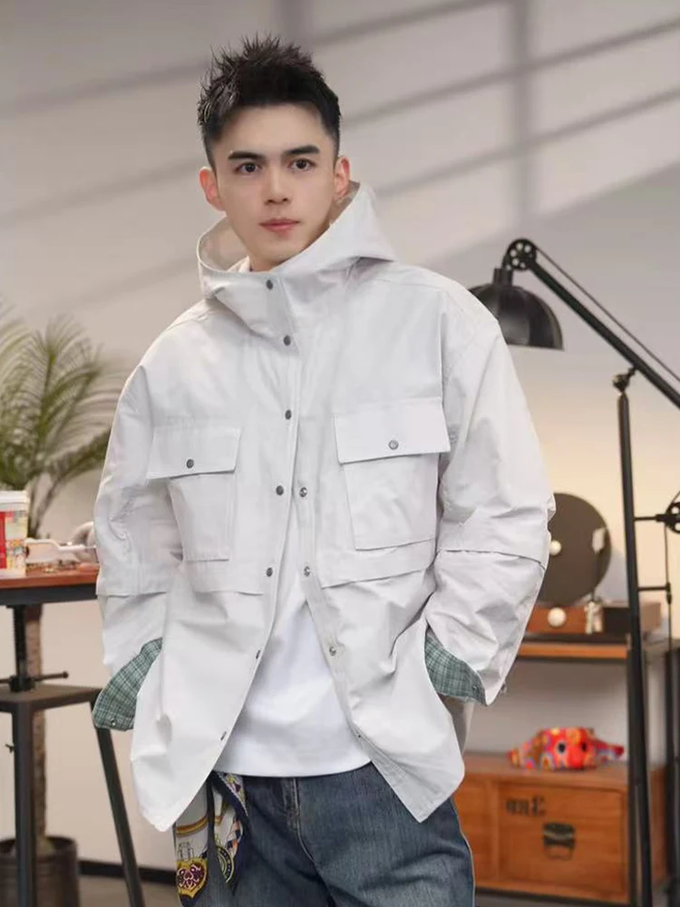 Retro Workwear Hooded Jacket for Men Fashionable Versatile Autumn Outdoor Casual Style Long Sleeve Button Closure  Color