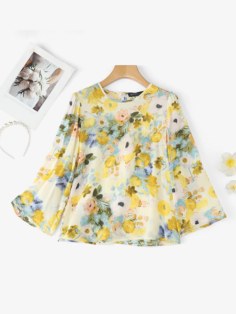 بلوزة نسائية عصرية من ZANZEA قمصان خريفية مطبوعة بالورود 2025 أنيقة 3/4 بأكمام مضيئة ورقبة مستديرة سترة فضفاضة غير رسمية للسيدات