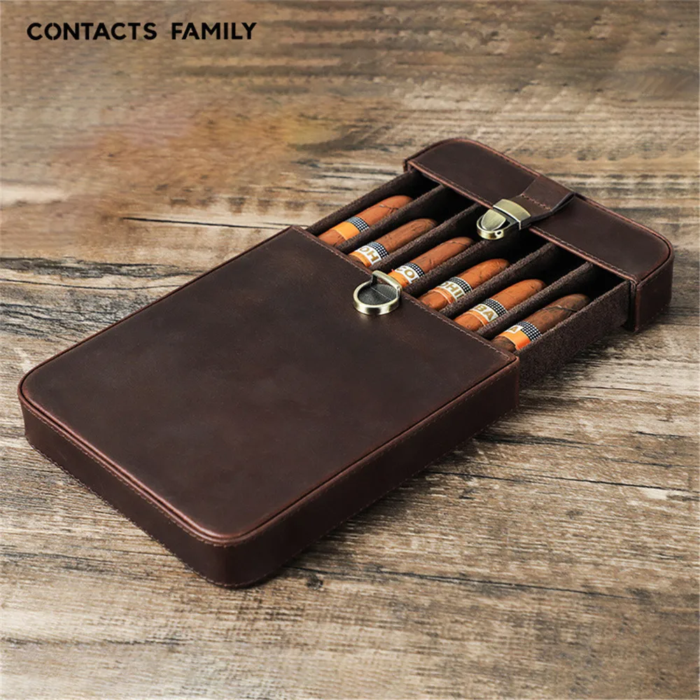 Luxury Retro Genuine Leather 3/6 Slots Cigar Case Humidor Box Travel Portable Cowhide Display Pouch with Brass Buckle Closure