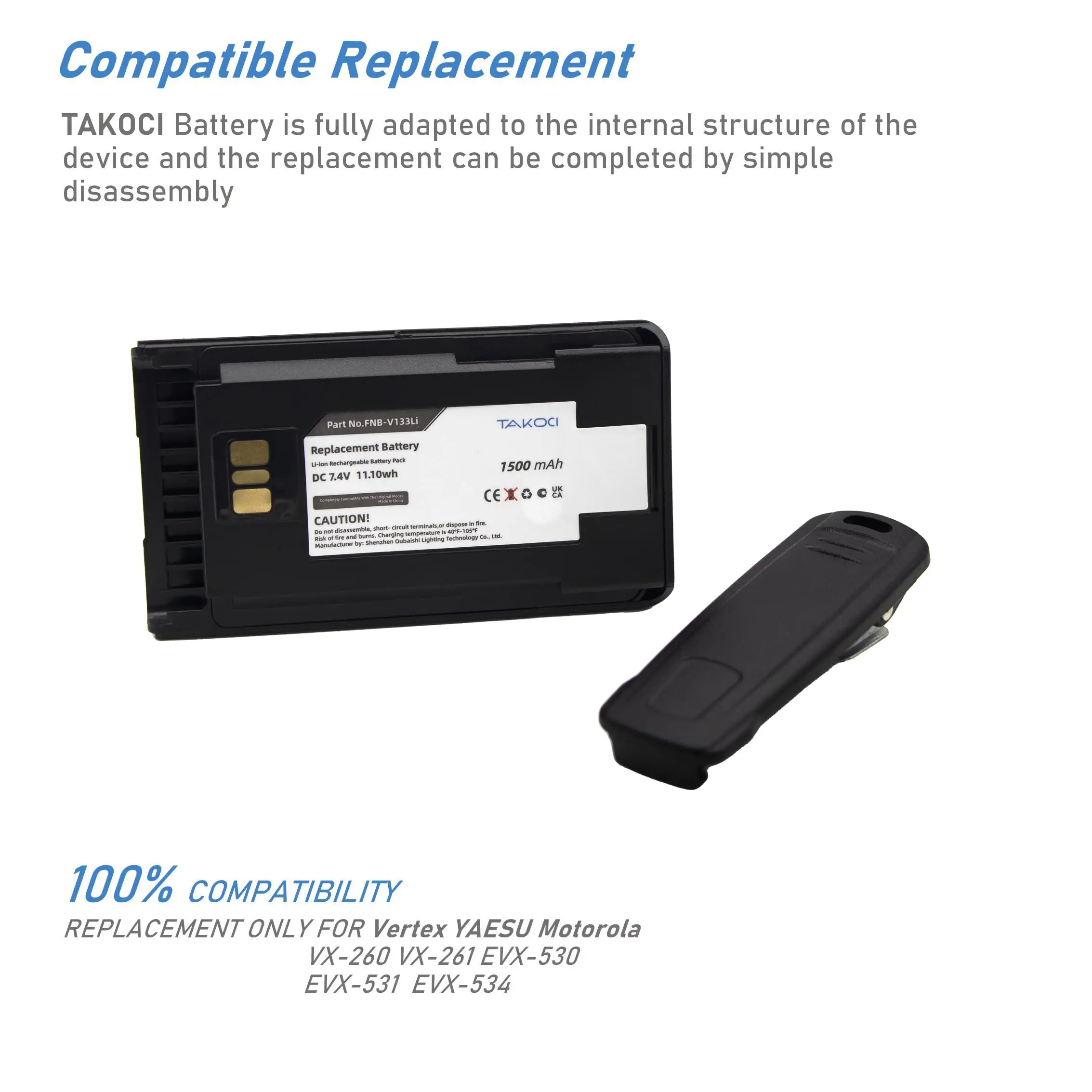 Replacement Battery for Motorola  EVX-531, EVX-534, EVX-539, VX-261, VX-264, VX-451 AAJ67X001, AAJ68X001, AAK66X501, FNB-V133Li