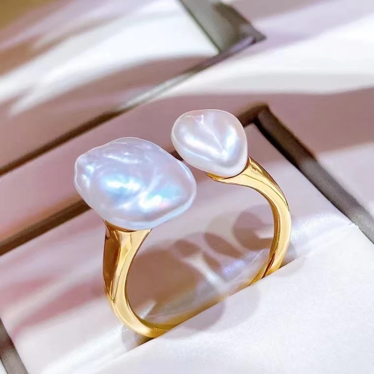 Double Baroque Cultured Freshwater Pearl Open Ring for Women 925 Sterling Silver