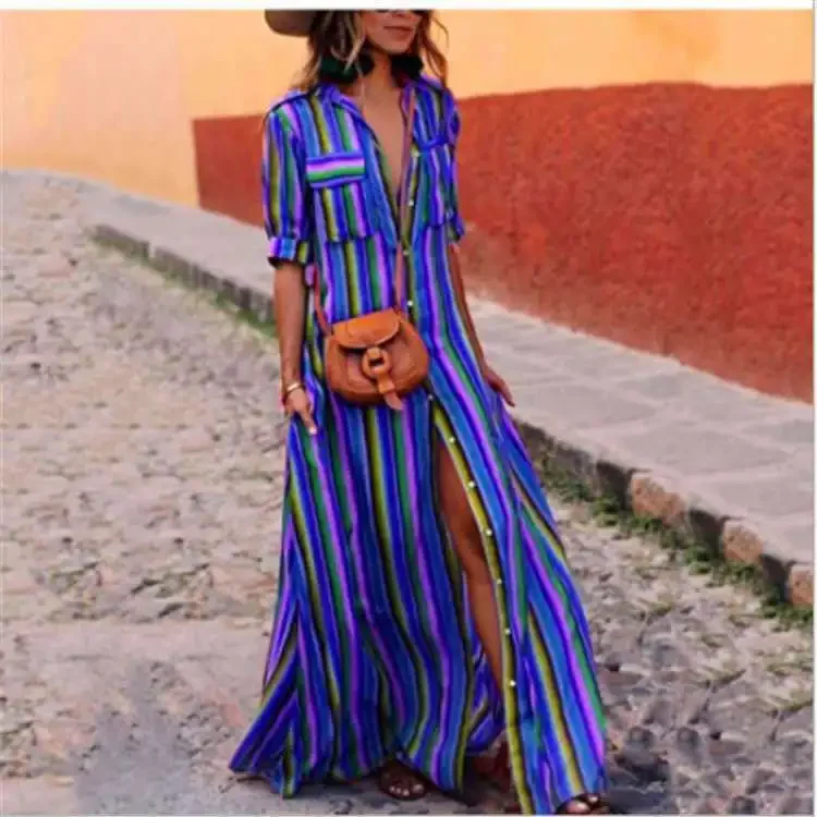 Women's Shirt Long Dress Large Striped Long Skirt Bohemian Style Beach Resort Dress for Women Short Sleeved One-piece Dress