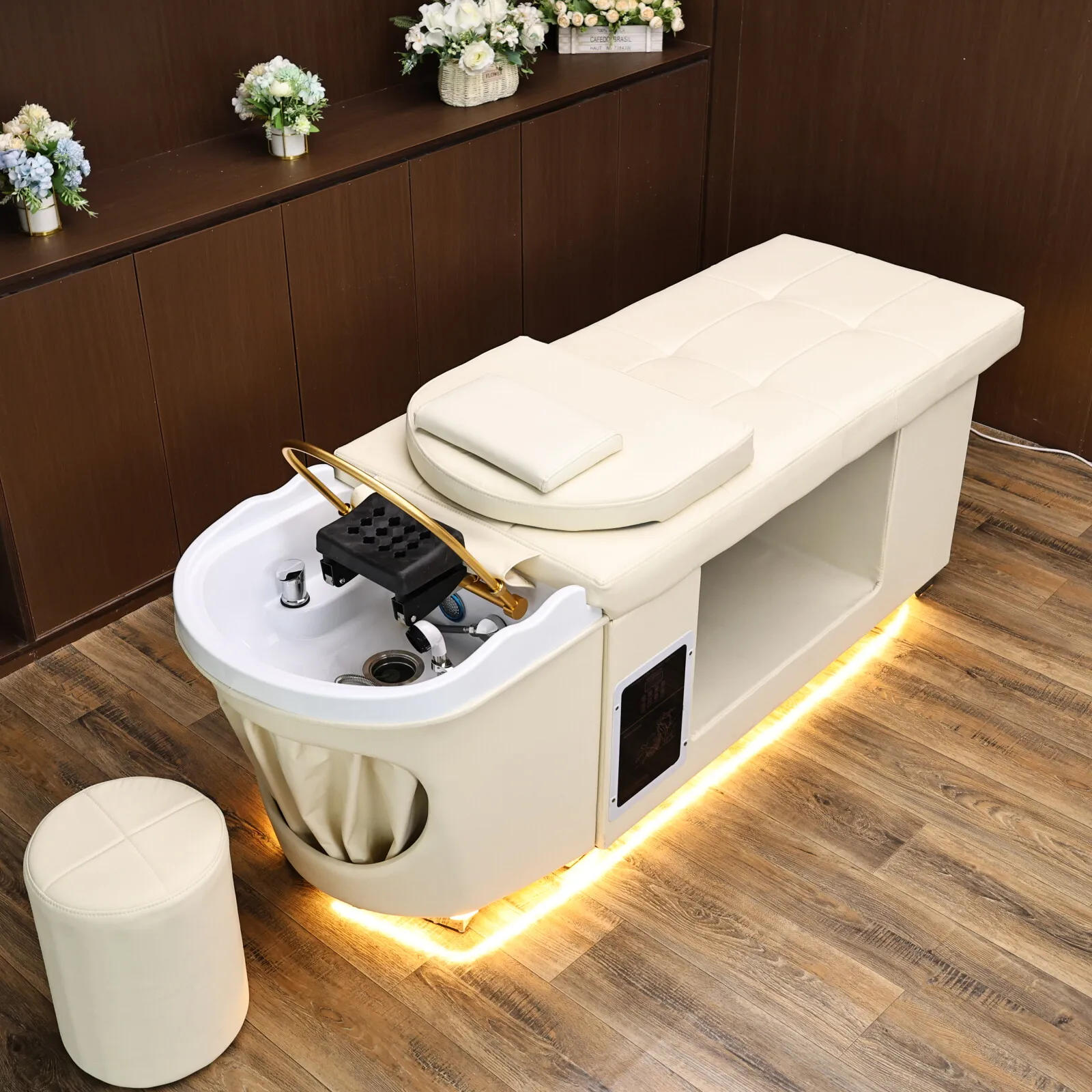 Shampoo Bed with Basin and Head Steamer 3 in 1 Hair Washing Massage Table LED Light Salon Spa Beauty Equipment with Stool