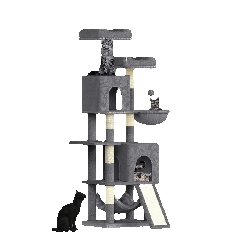 Dogat Katzenkratzbaum 158cm – Kletterturm mit 7 Kratzsäulen, 2 Häusern & 2 Hängematten, für Hauskatzen
