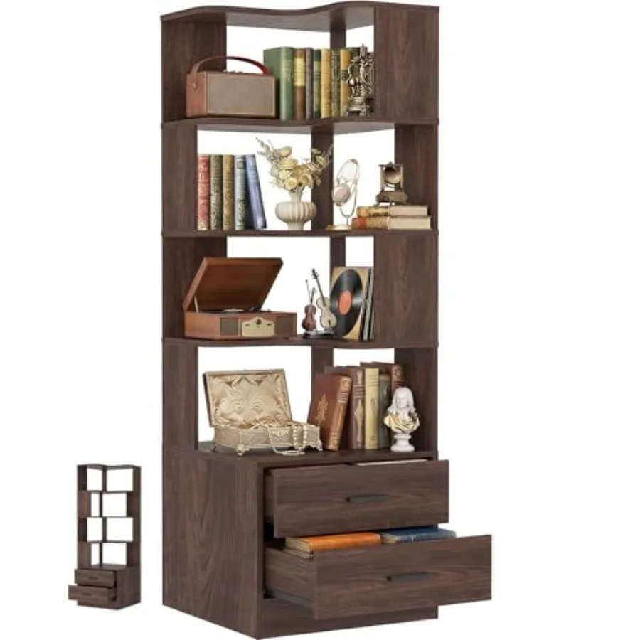 Corner Bookshelf with Drawers for Living Room, Solid Wood, Natural Oak Finish, Space-Saving Design with Smooth-Glide Drawers