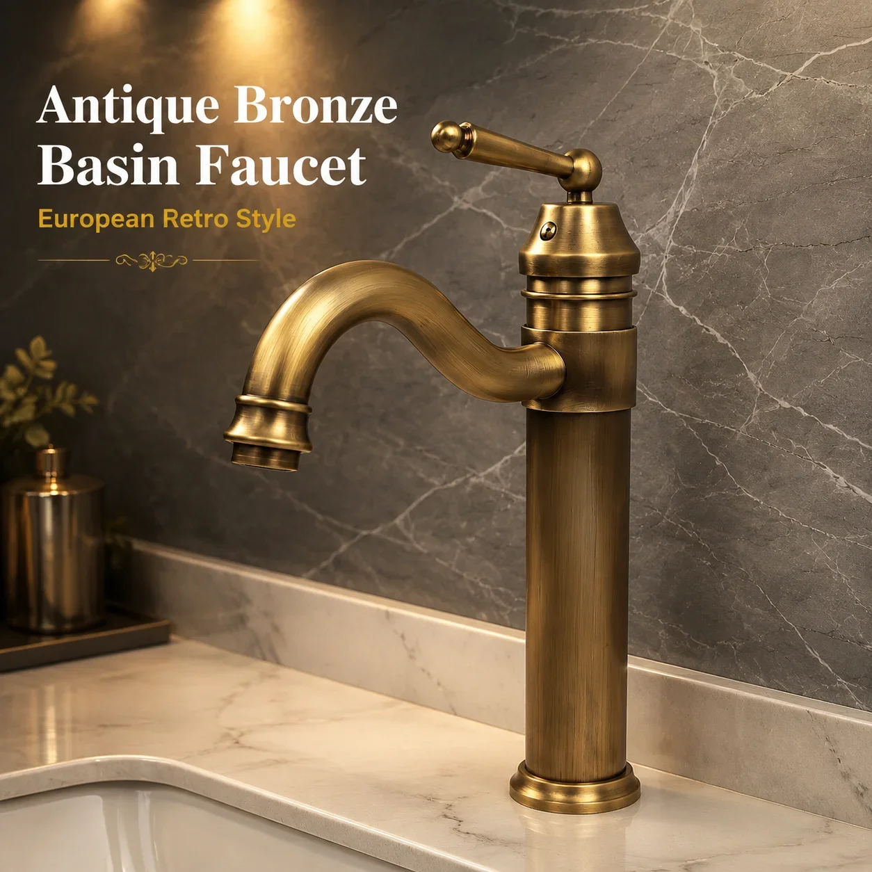 Elevated retro basin hot and cold faucet with antique bronze wire drawing technology, zinc alloy stainless steel valve body, hom