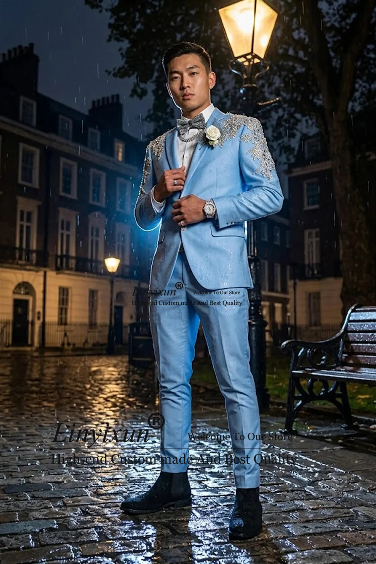 

High End Jewelry Diamond Men Suits 2 Pieces Sets Wedding Groom Male Blazer Customized Man Party Tuxedos Appliques Ropa Hombre