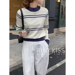 Half High Collar Striped Sweater Women's 2024 Autumn Winter New Splicing Fashion Loose Minimalist Casual Long Sleeve Knitted Top