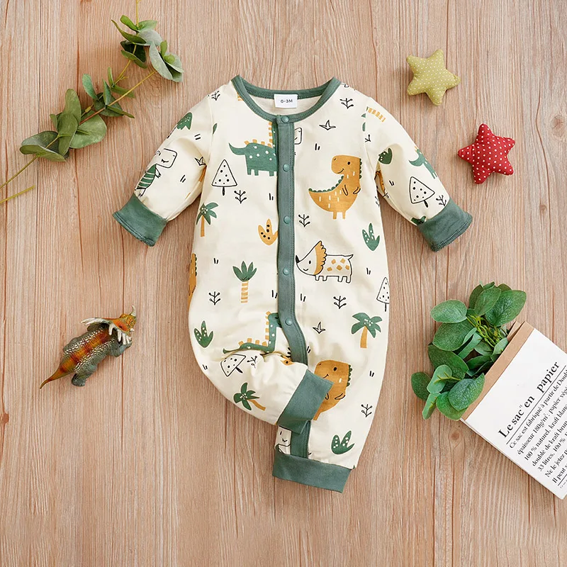 Spring and Autumn Season Boys and Girls Cute Dinosaur Print Comfortable Casual Long Sleeve Cotton Baby Bodysuit