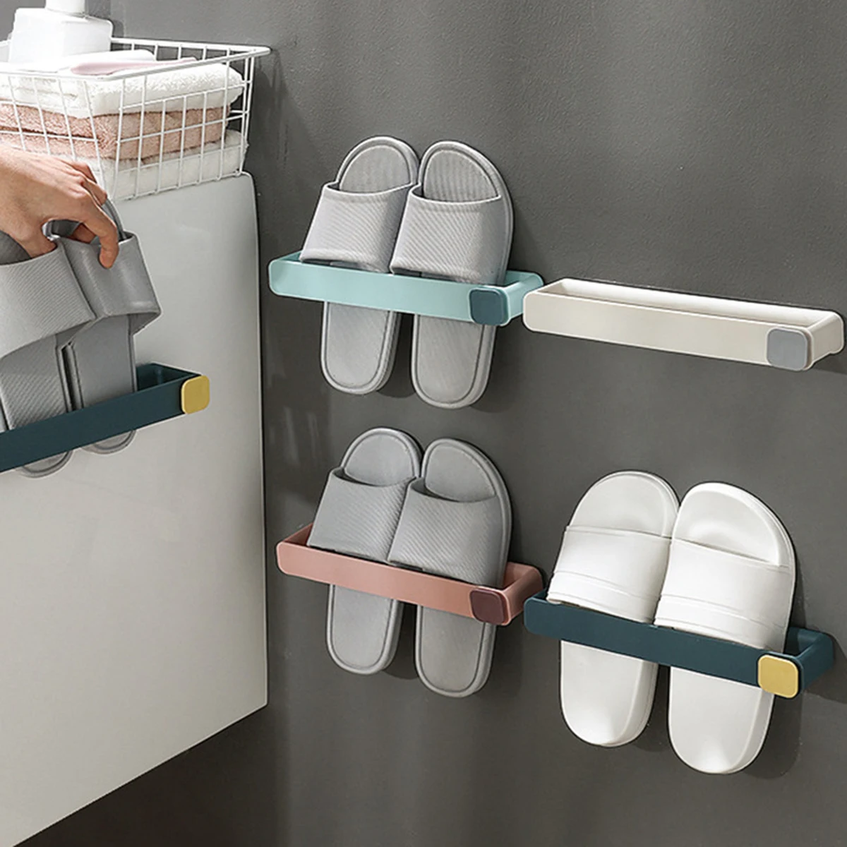 Bathroom Slipper Shelf No Punching Wall Mounted One Piece Shoe Rack Space Saving Shelf Bathroom Hanging