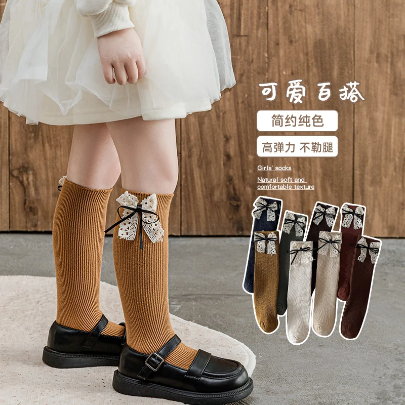Cute Girls Solid Long Slouch Stockings Ornate With Satin Ribbon Lace Double Bow And Slim Striped Pattern Soft Comfortable Socks