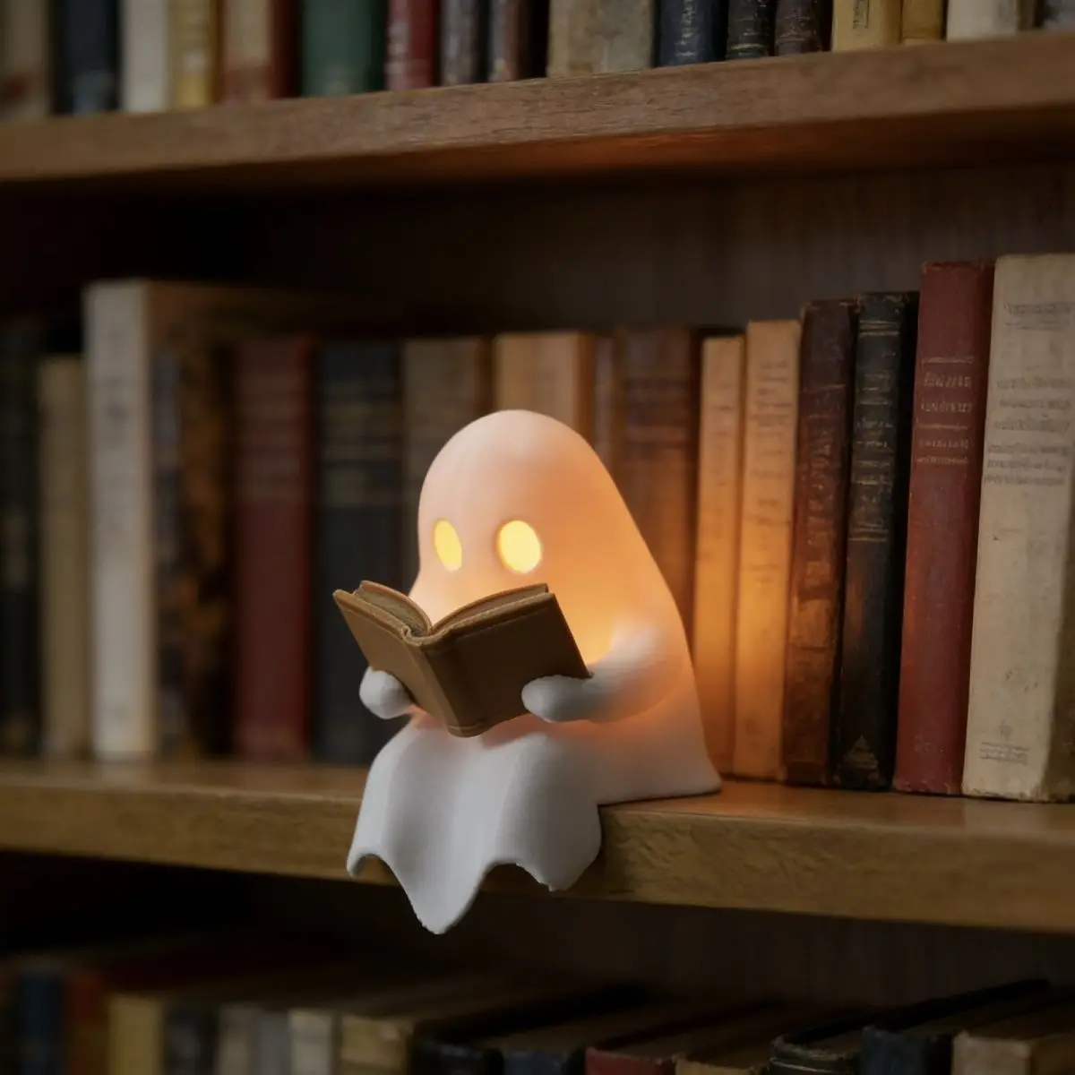 Cute Reading Ghost Led Night Light Battery Powered Warm Light Bookcase Figurine Halloween Bedroom Desktop Ambient Lamp Birthday