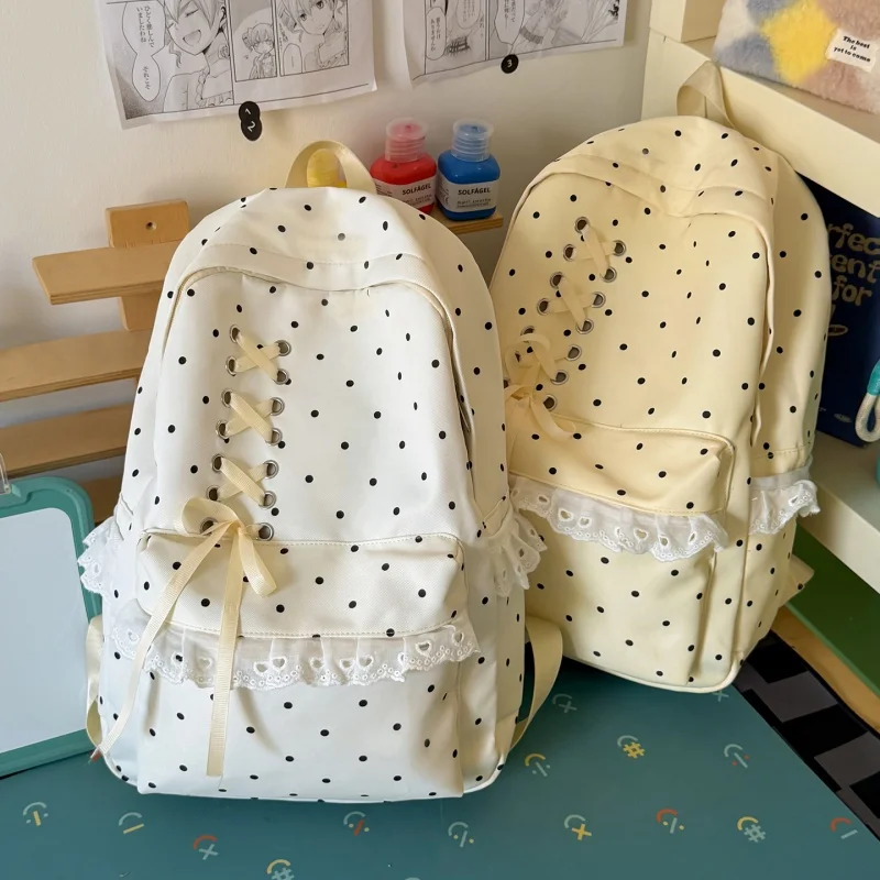 Kawaii Polka Dot Aesthetic Preppy Backpack with Bow and Ruffed Lace Campus Bookbag Coquette School Bag for Teens Girls Students