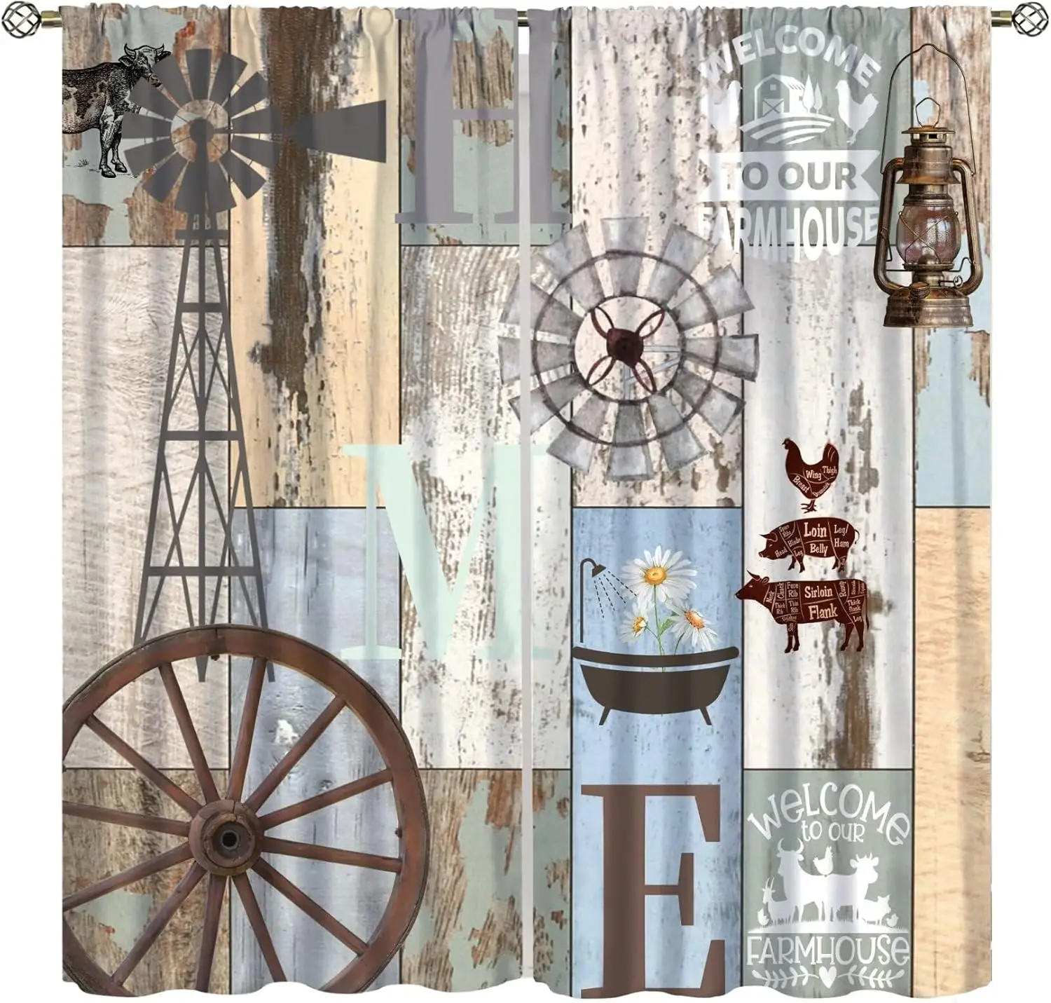 Rustic Curtains,Retro Rustic Farmhouse Animal Barn Door Windmill Daisy Window Treatments Curtains Cafe Bedroom Office Dining