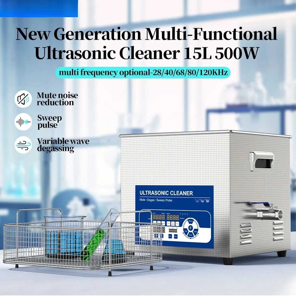Granbo New Multi-frequency 40~120KHz 15L 500W Ultrasonic Cleaner Noise Reduction Design Sweep Pulse Cleaning Equipment