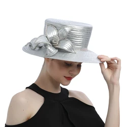 Fancy Silver Satin Cloth Church Hat Photography Hats Chains Fashion Formal Hat Flower Wedding Top Hat for Women Ladies Travel