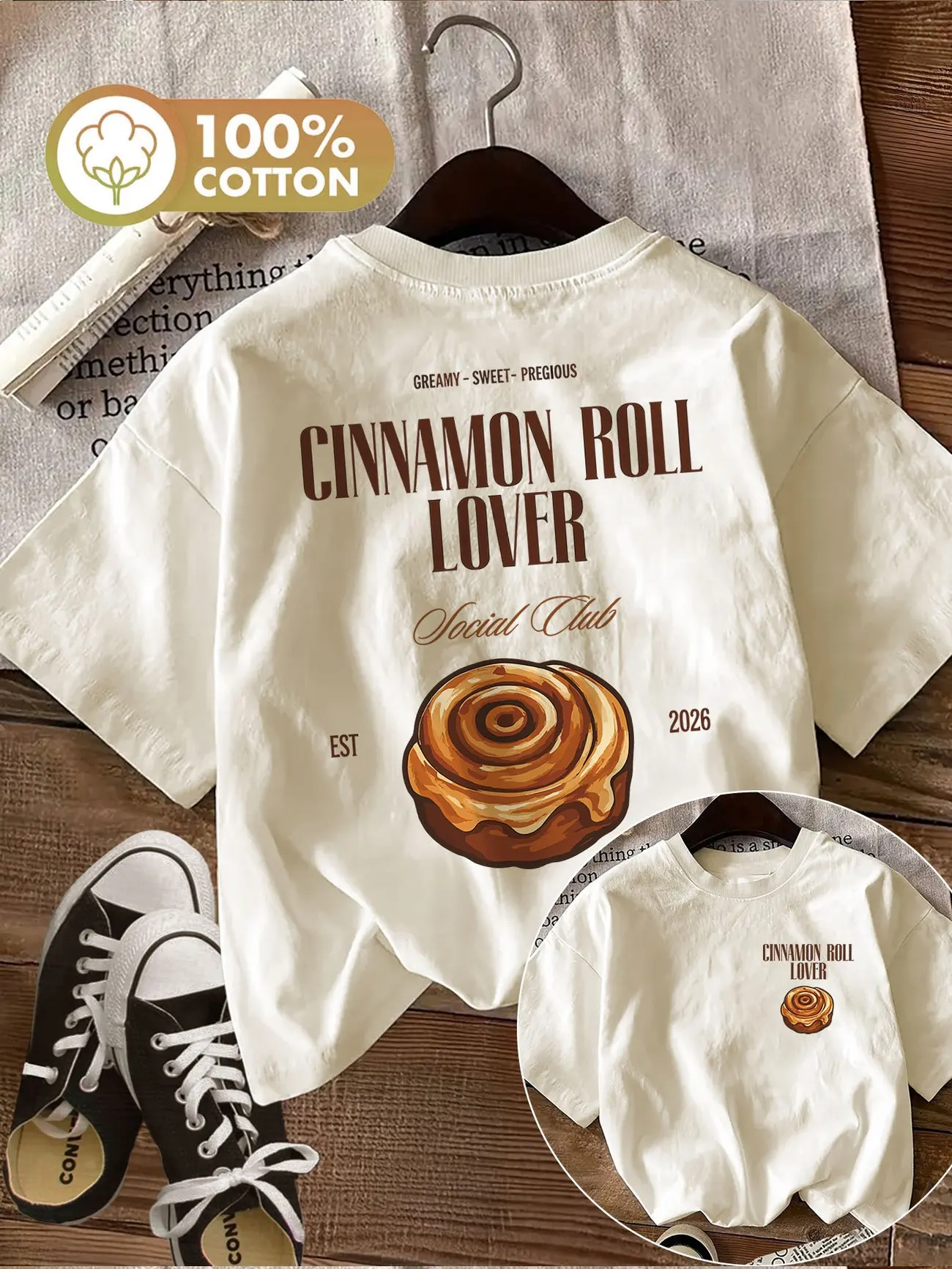 Kawaii Bread Lover T-Shirt aus 100 % Baumwolle für Damen mit lustigem Aufdruck, lockerer Rundhalsausschnitt, kurzärmeliges Oberteil, lässiges Grafik-Shirt – Detail 2