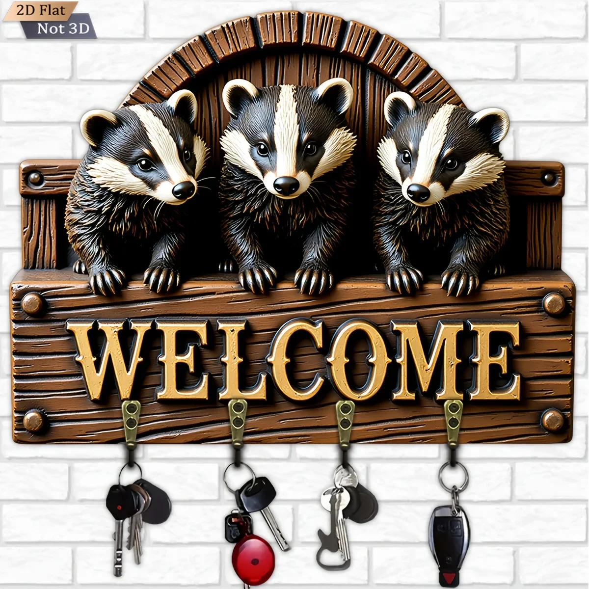2D Flat, 1pc, Three Badger Shape Welcome Key Hook Wooden Multifunctional Home Key Hanger with Four Metal Hooks, Wall Decor,