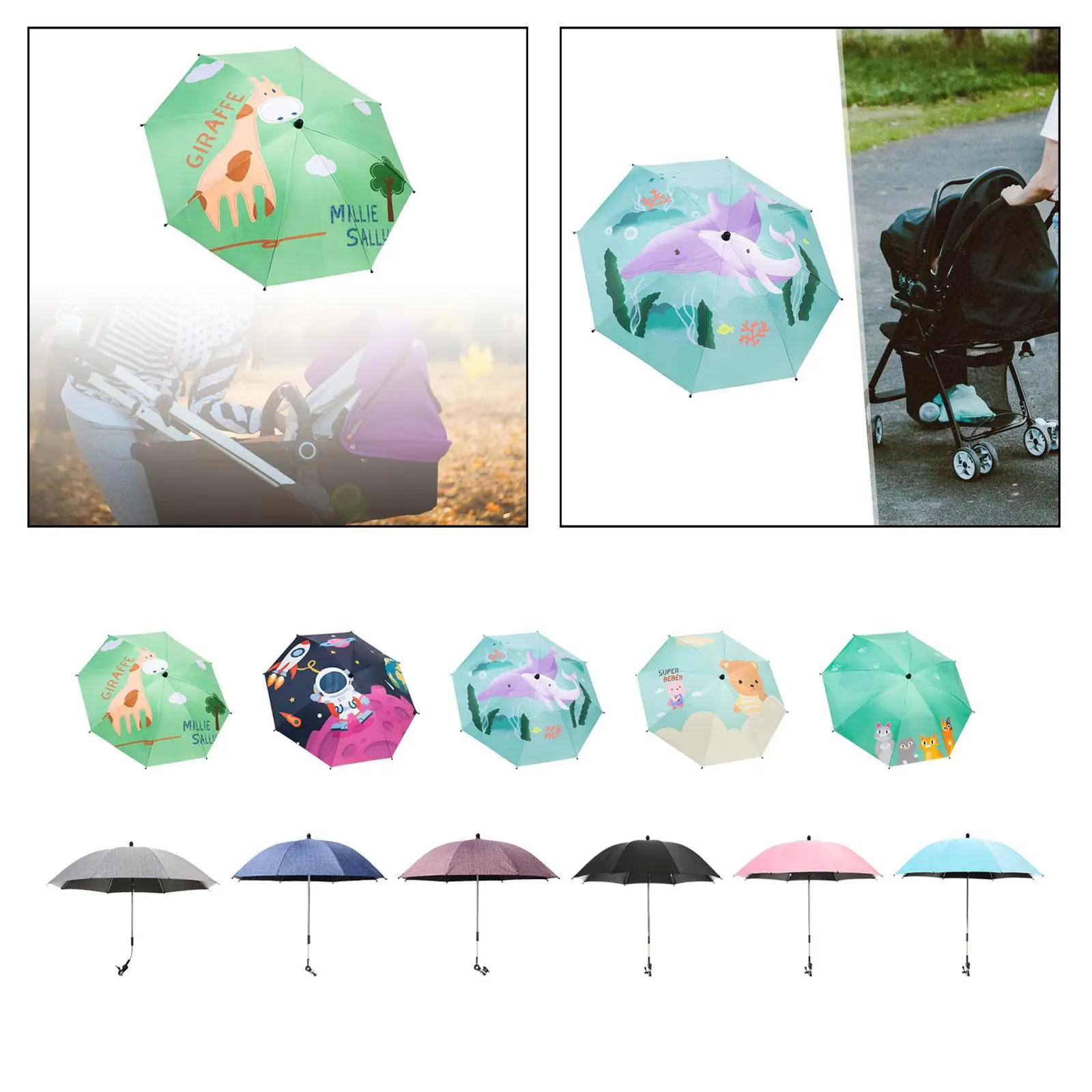 Clip on Umbrella, Universal Baby Parasol with Clamp 360 Degree Adjustable,