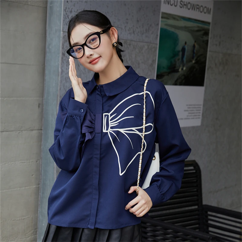 Fashion Sweet Bow Blouse Women Spring Autumn Turn-down Collar Long Sleeve Tops Kawaii Shirts Blusas Mujer Korean Harajuku Shirt